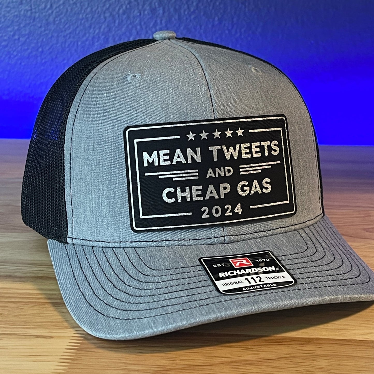 Trump Hat MEAN TWEETS and CHEAP GAS Trucker Leather Patch Hat Black/Silver - Hollow Point Society - Patch Hat