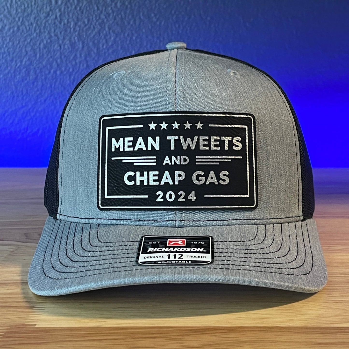 Trump Hat MEAN TWEETS and CHEAP GAS Trucker Leather Patch Hat Black/Silver - Hollow Point Society - Patch Hat