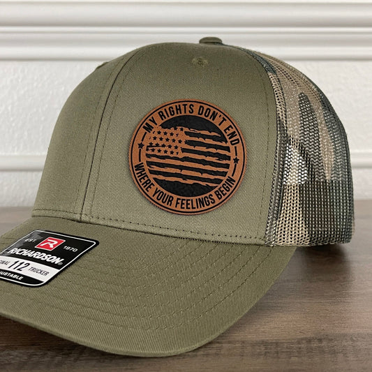 My Rights Don't End Where Your Feelings Begin Flag Patriotic 2A Leather Patch Hat Green/Camo - Hollow Point Society - Patch Hat