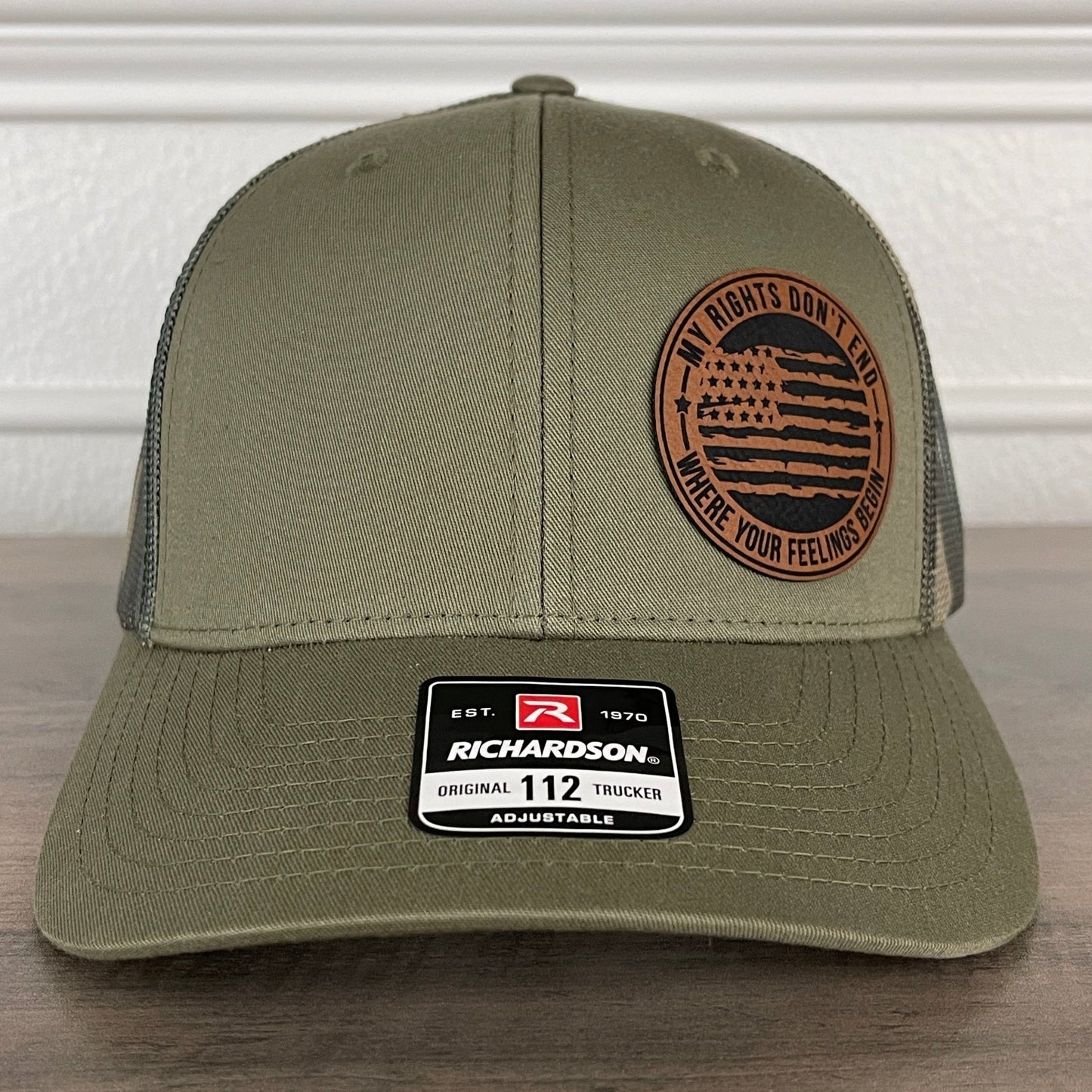 My Rights Don't End Where Your Feelings Begin Flag Patriotic 2A Leather Patch Hat Green/Camo - Hollow Point Society - Patch Hat