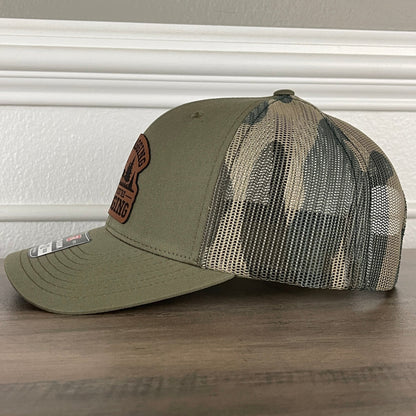 No Bragging Until You're Dragging Deer Hunting Funny Leather Patch Hat Green/Camo - Hollow Point Society - Patch Hat