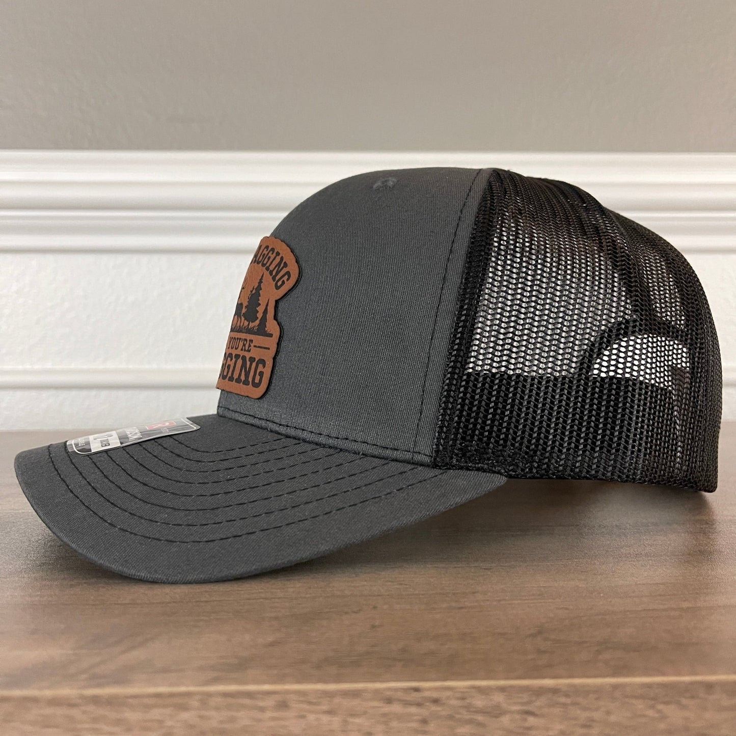 No Bragging Until You're Dragging Deer Hunting Leather Patch Hat Charcoal/Black - Hollow Point Society - Patch Hat