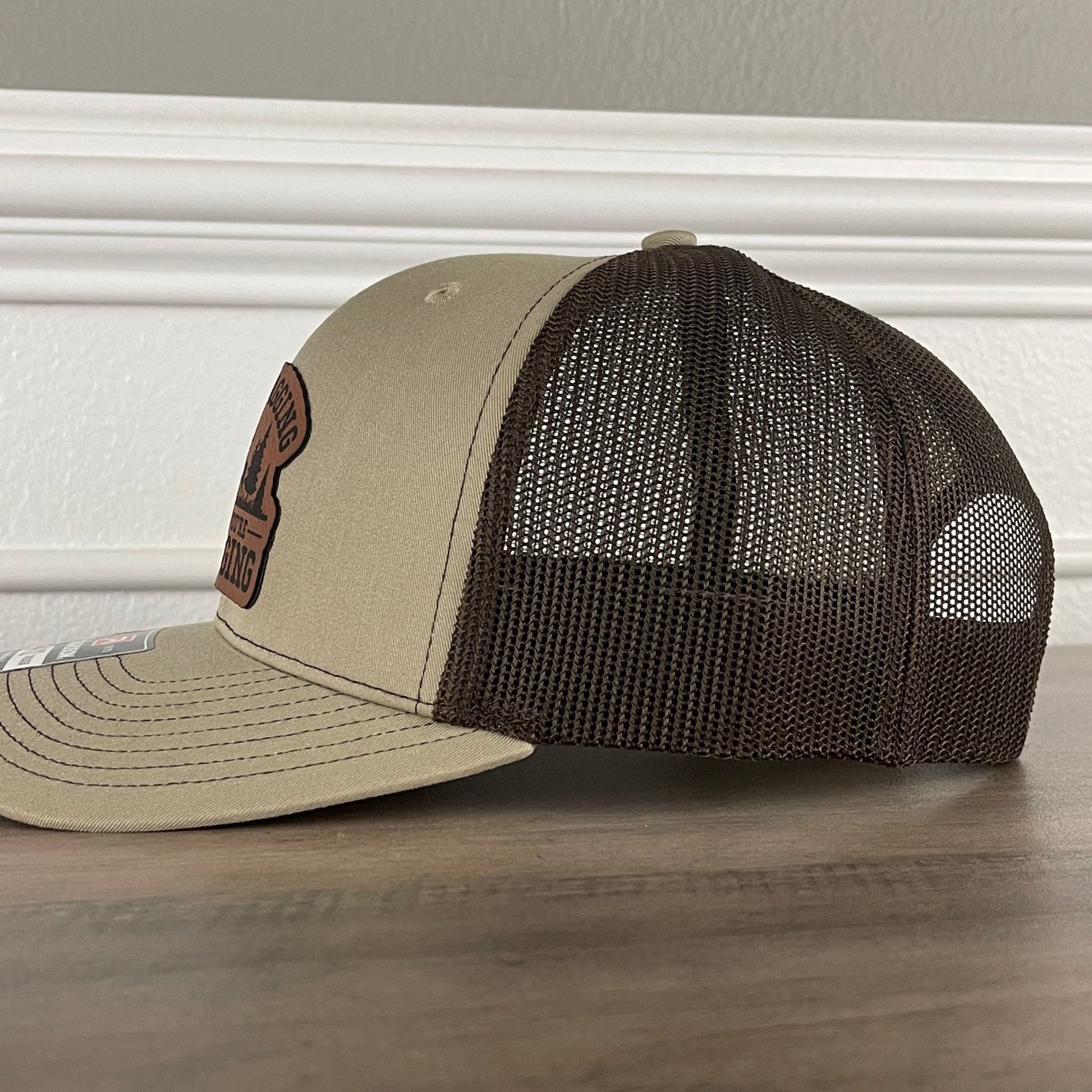 No Bragging Until You're Dragging Deer Hunting Leather Patch Hat Khaki/Brown - Hollow Point Society - Patch Hat