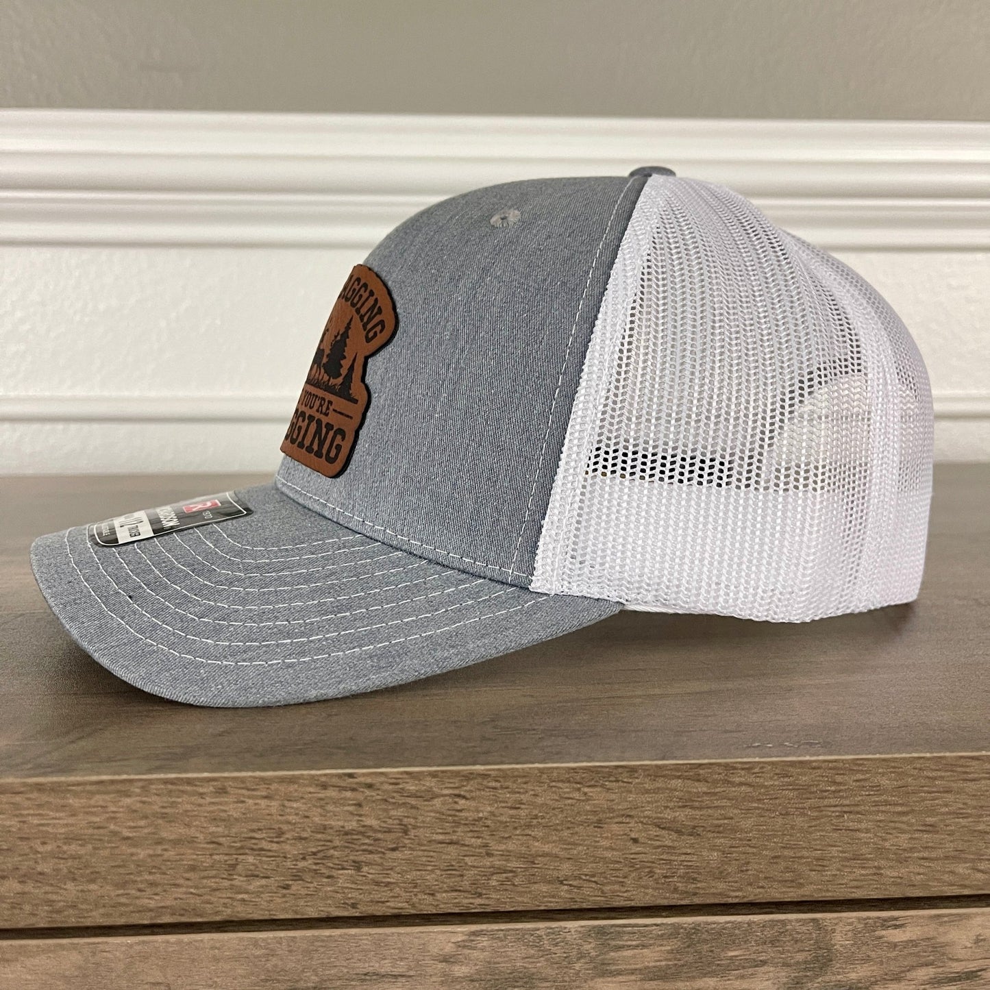 No Bragging Until You're Dragging Hunting Leather Patch Hat Grey/White - Hollow Point Society - Patch Hat