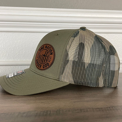 One Nation Under God Flag Cross Patriotic Leather Patch Hat Green/Camo - Hollow Point Society - Patch Hat