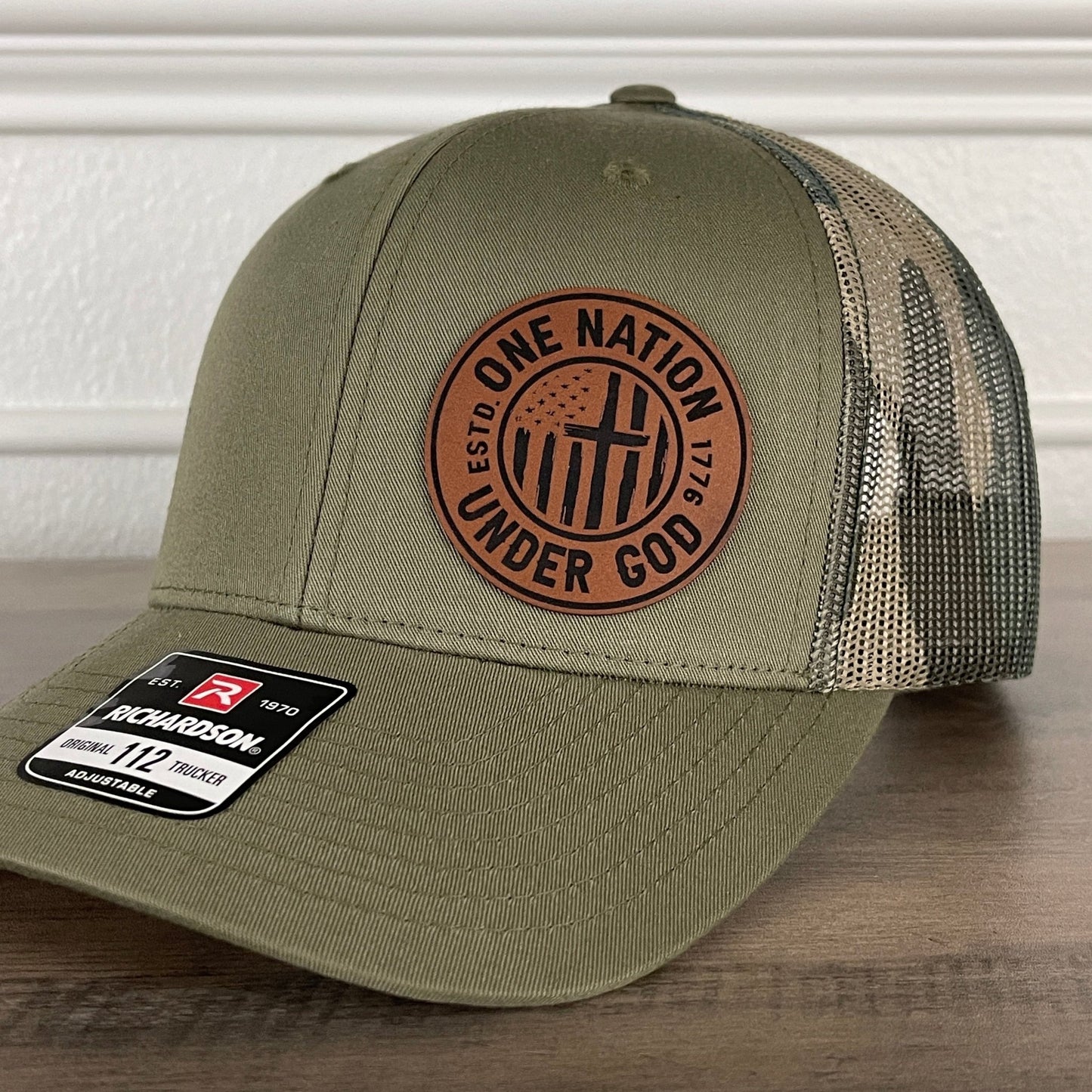 One Nation Under God Flag Cross Patriotic Leather Patch Hat Green/Camo - Hollow Point Society - Patch Hat