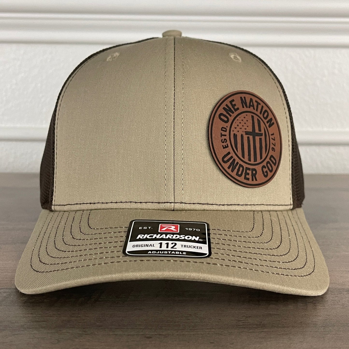 One Nation Under God Flag Patriotic Leather Patch Hat Khaki/Brown - Hollow Point Society - Patch Hat