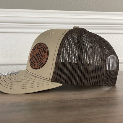 One Nation Under God Flag Patriotic Leather Patch Hat Khaki/Brown - Hollow Point Society - Patch Hat