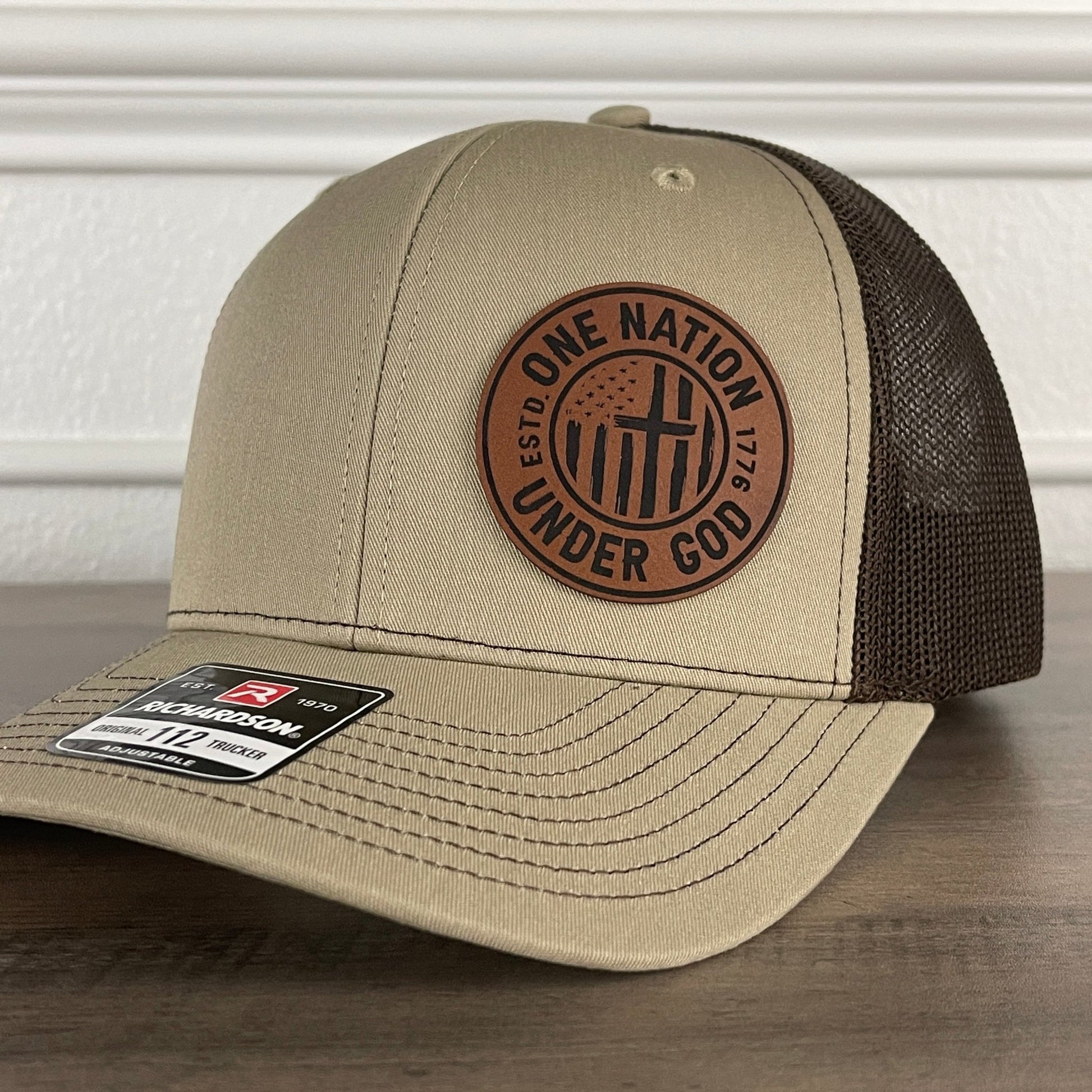 One Nation Under God Flag Patriotic Leather Patch Hat Khaki/Brown - Hollow Point Society - Patch Hat