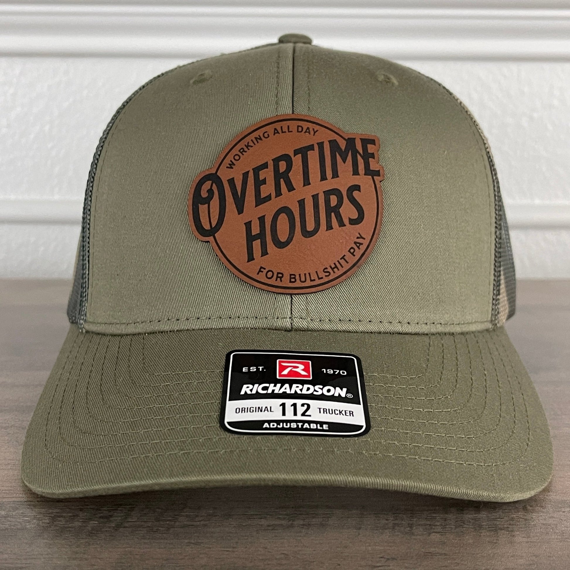 Overtime Hours For BS Pay Patriotic Leather Patch Hat Green/Camo - Hollow Point Society - Patch Hat