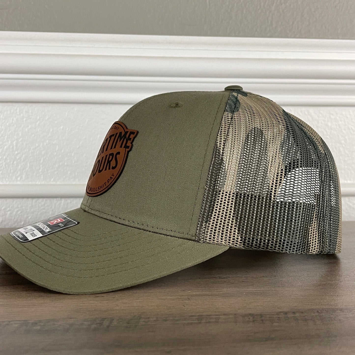 Overtime Hours For BS Pay Patriotic Leather Patch Hat Green/Camo - Hollow Point Society - Patch Hat