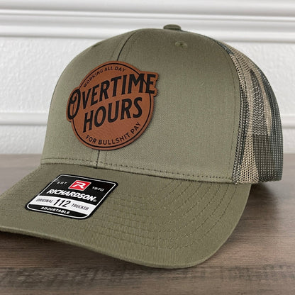 Overtime Hours For BS Pay Patriotic Leather Patch Hat Green/Camo - Hollow Point Society - Patch Hat