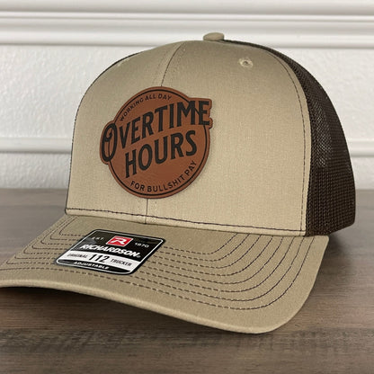 Overtime Hours For BS Pay Patriotic Leather Patch Hat Khaki/Brown - Hollow Point Society - Patch Hat