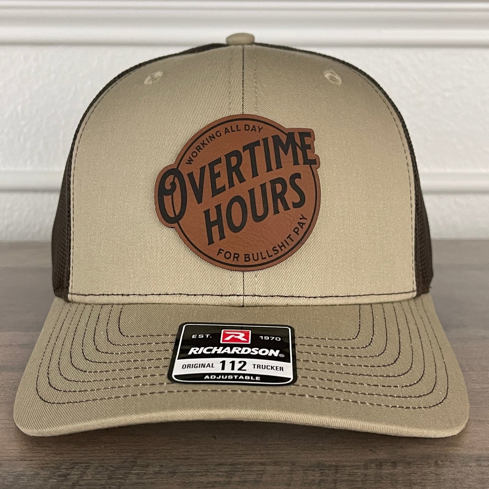 Overtime Hours For BS Pay Patriotic Leather Patch Hat Khaki/Brown - Hollow Point Society - Patch Hat