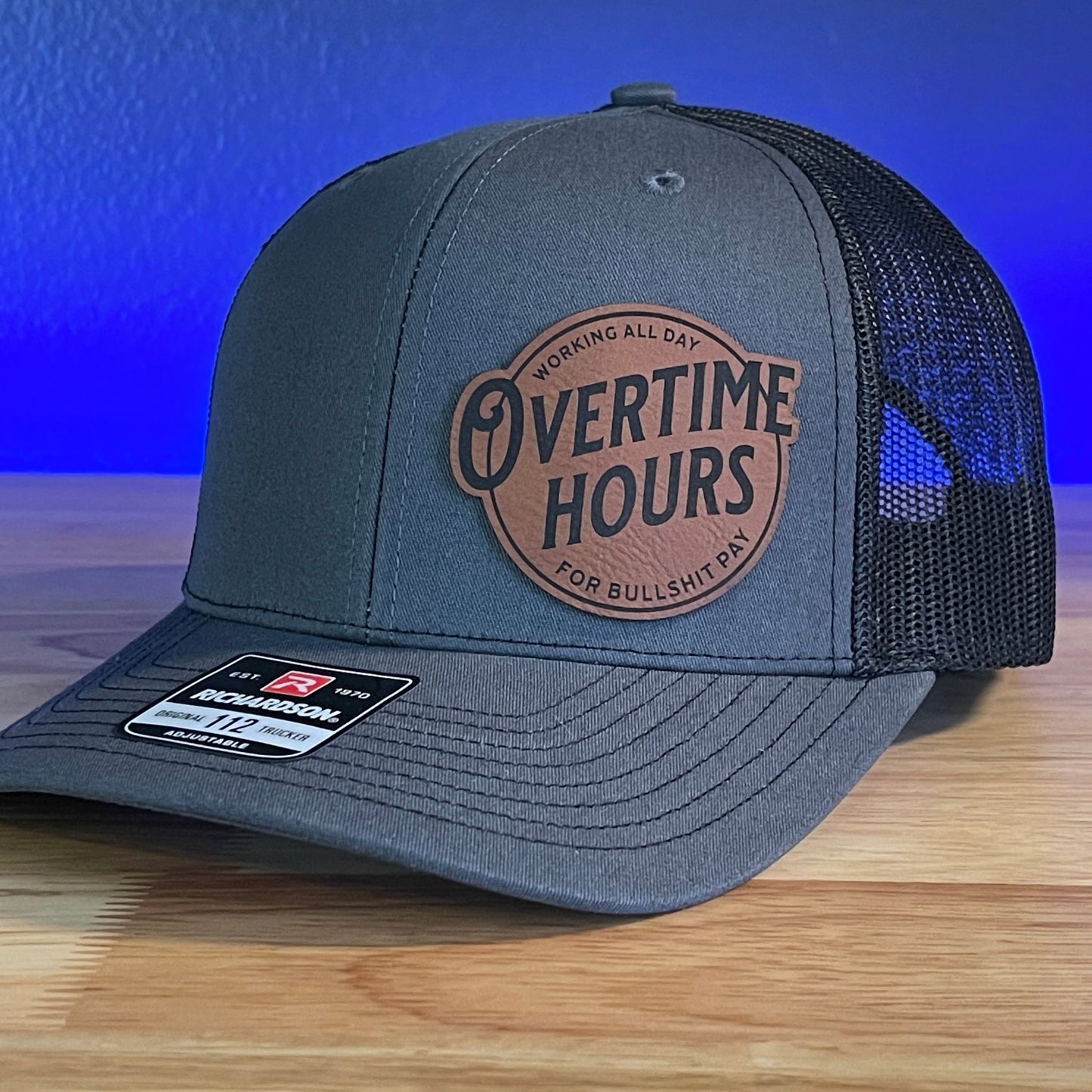 Overtime Hours Funny Country Side Leather Patch Hat Charcoal/Black - Hollow Point Society - Patch Hat