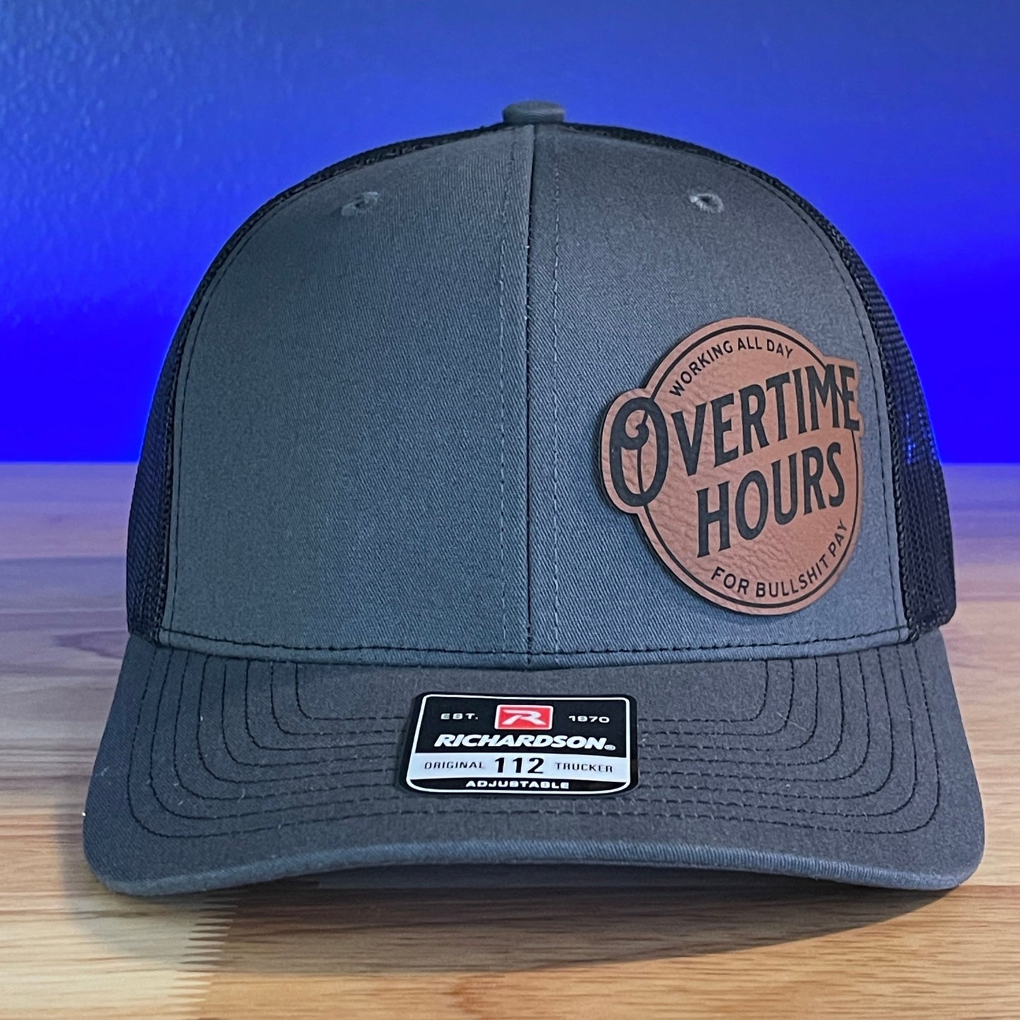 Overtime Hours Funny Country Side Leather Patch Hat Charcoal/Black - Hollow Point Society - Patch Hat