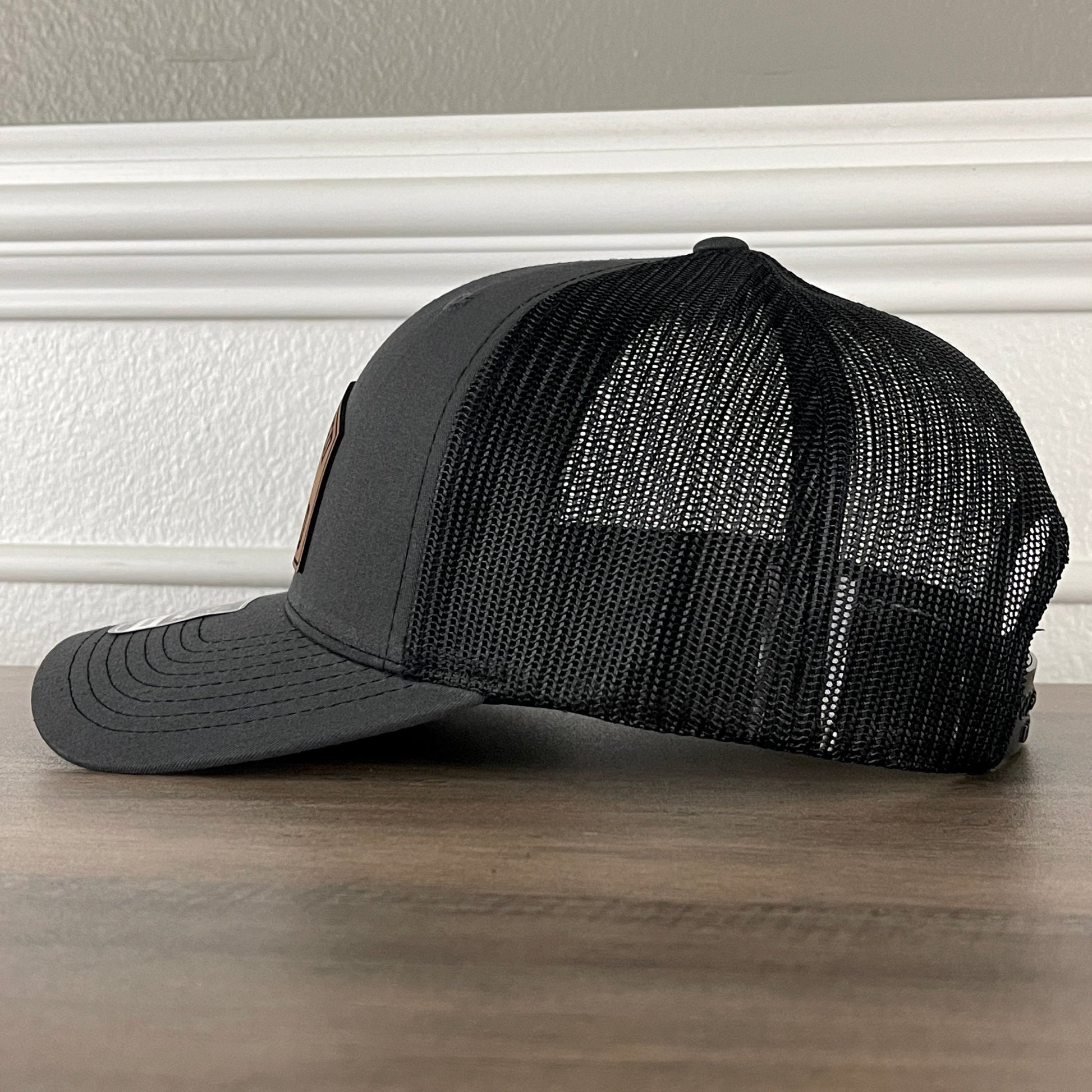 Overworked And Underlaid Funny Leather Patch Hat Charcoal/Black - Hollow Point Society - Patch Hat