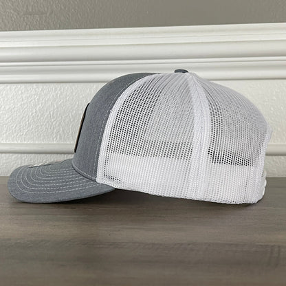 Overworked And Underlaid Funny Leather Patch Hat Grey/White - Hollow Point Society - Patch Hat