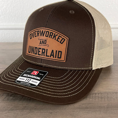 Overworked And Underlaid Funny Trucker Leather Patch Hat - Hollow Point Society - Patch Hat