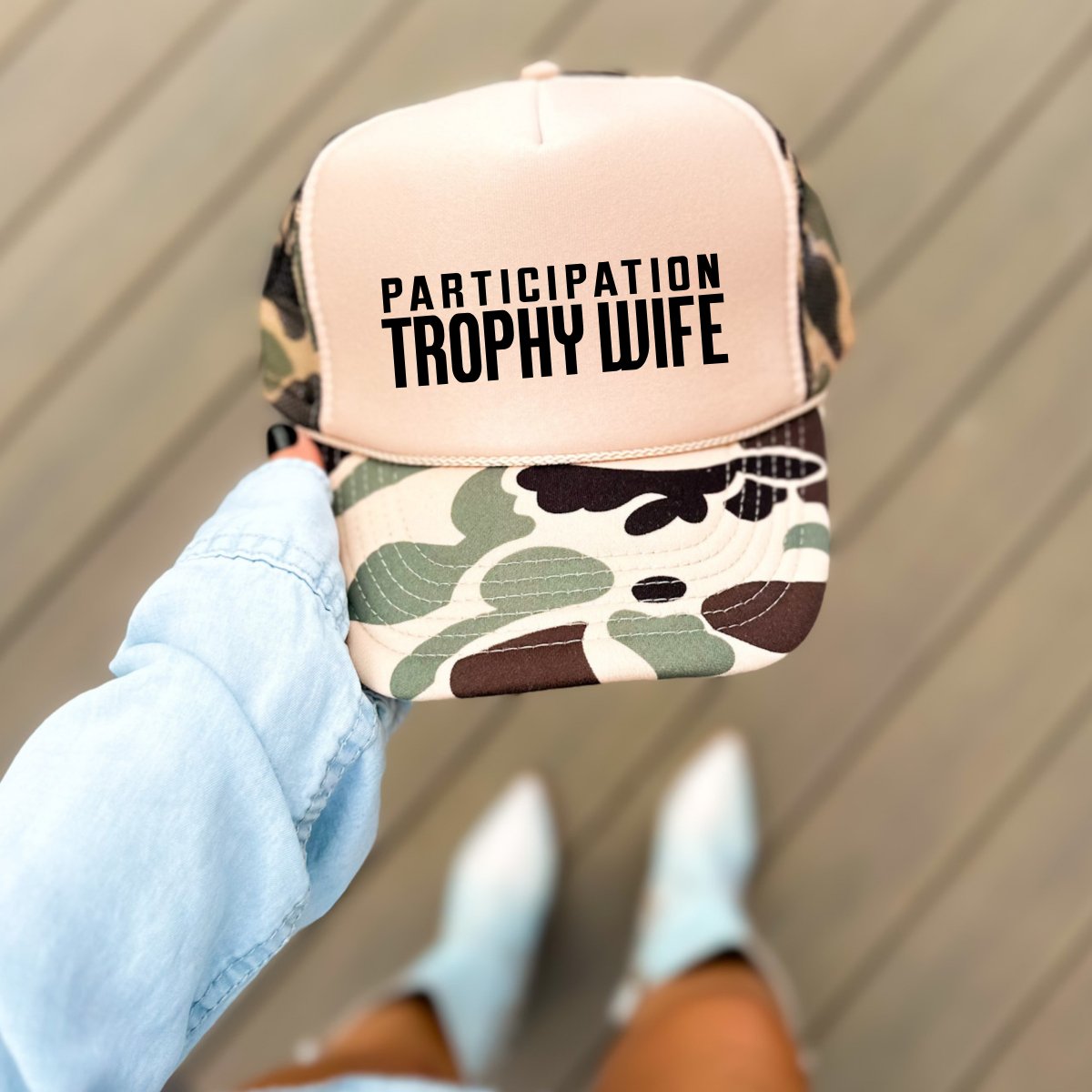 Participation Trophy Wife Funny Classic Foam Trucker Hat Tan/Camo - Hollow Point Society - Trucker Hat