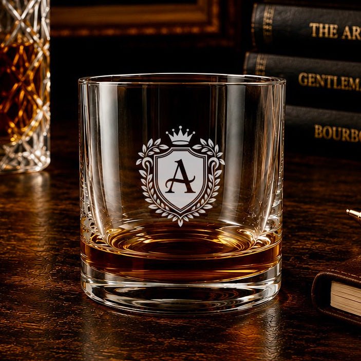 Personalized Crest Whiskey Glass – Custom Initial Engraved Rocks Glass - Hollow Point Society - Whiskey Glass