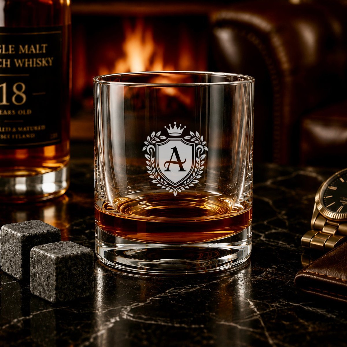 Personalized Crest Whiskey Glass – Custom Initial Engraved Rocks Glass - Hollow Point Society - Whiskey Glass
