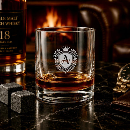 Personalized Crest Whiskey Glass – Custom Initial Engraved Rocks Glass - Hollow Point Society - Whiskey Glass