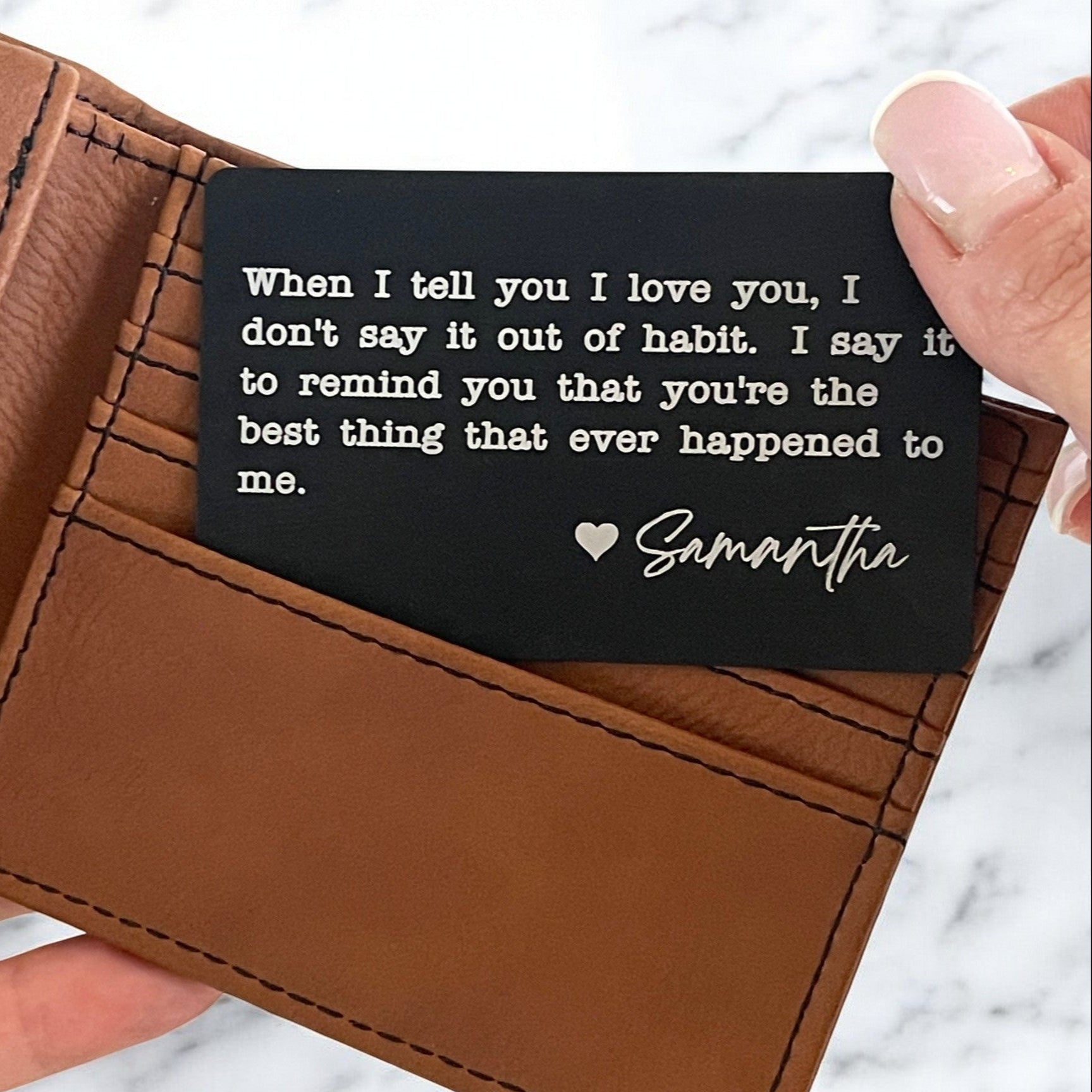 Personalized Engraved Metal Wallet Card - Valentine Gift for Boyfriend or Husband - Romantic Love Note - Hollow Point Society - Wallet Card