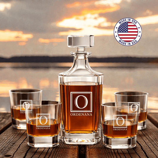 Personalized Engraved Monogram Whiskey Decanter Set with 4 Rocks Glasses - Hollow Point Society - Decanter Set
