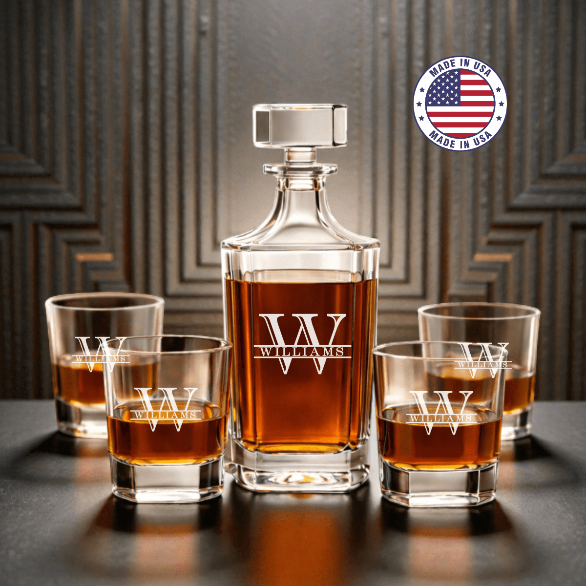 Personalized Engraved Monogram Whiskey Decanter Set with 4 Rocks Glasses - Hollow Point Society - Decanter Set