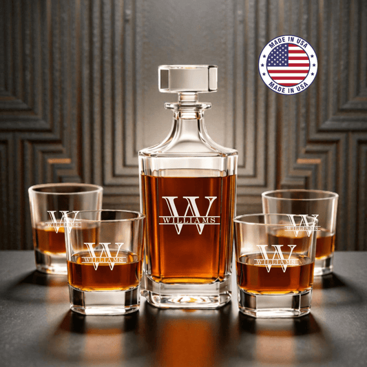 Personalized Engraved Monogram Whiskey Decanter Set with 4 Rocks Glasses - Hollow Point Society - Decanter Set
