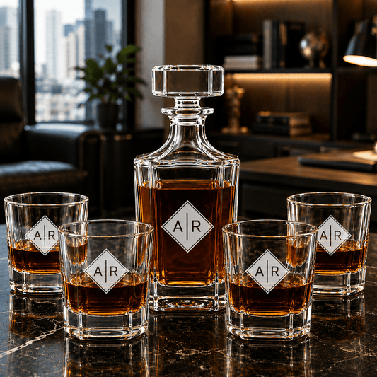 Personalized Engraved Monogram Whiskey Decanter Set with 4 Rocks Glasses - Hollow Point Society - Decanter Set
