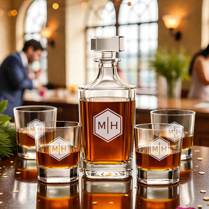 Personalized Engraved Monogram Whiskey Decanter Set with 4 Rocks Glasses - Hollow Point Society - Decanter Set