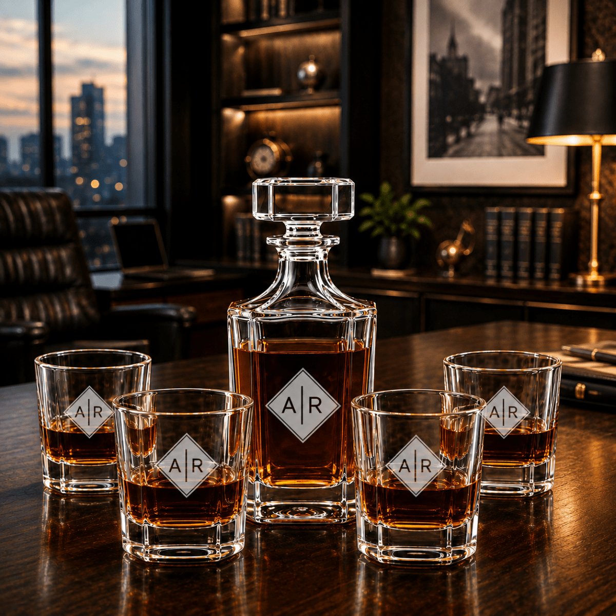 Personalized Engraved Monogram Whiskey Decanter Set with 4 Rocks Glasses - Hollow Point Society - Decanter Set