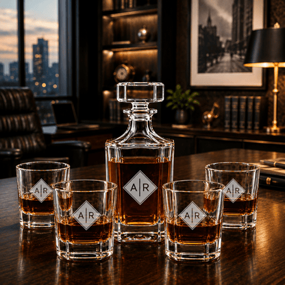 Personalized Engraved Monogram Whiskey Decanter Set with 4 Rocks Glasses - Hollow Point Society - Decanter Set