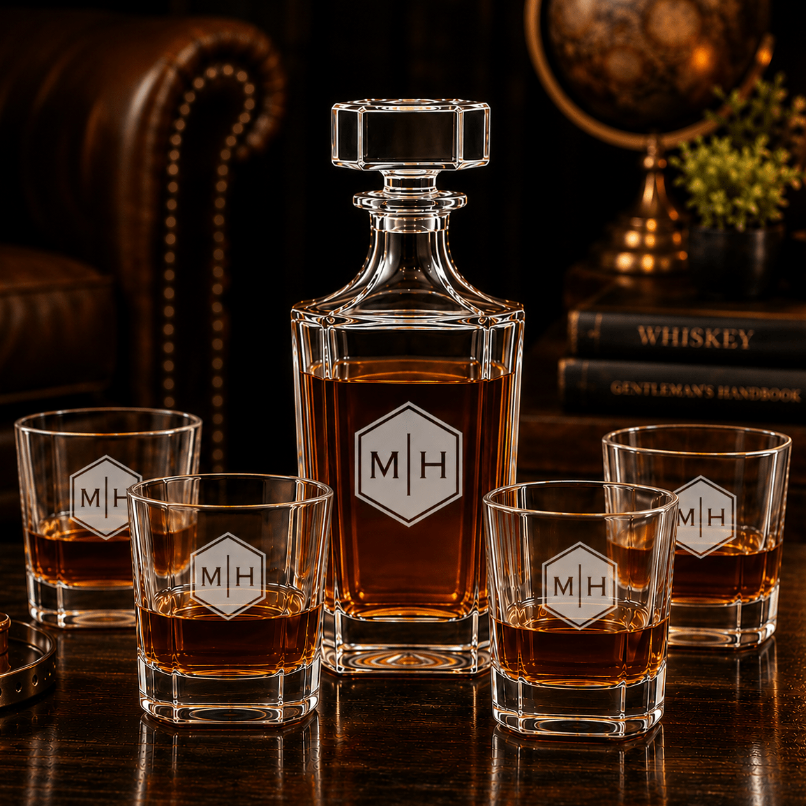 Personalized Engraved Monogram Whiskey Decanter Set with 4 Rocks Glasses - Hollow Point Society - Decanter Set