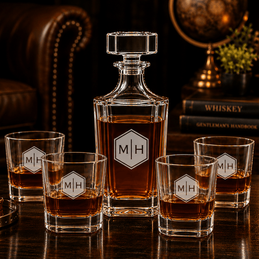 Personalized Engraved Monogram Whiskey Decanter Set with 4 Rocks Glasses - Hollow Point Society - Decanter Set