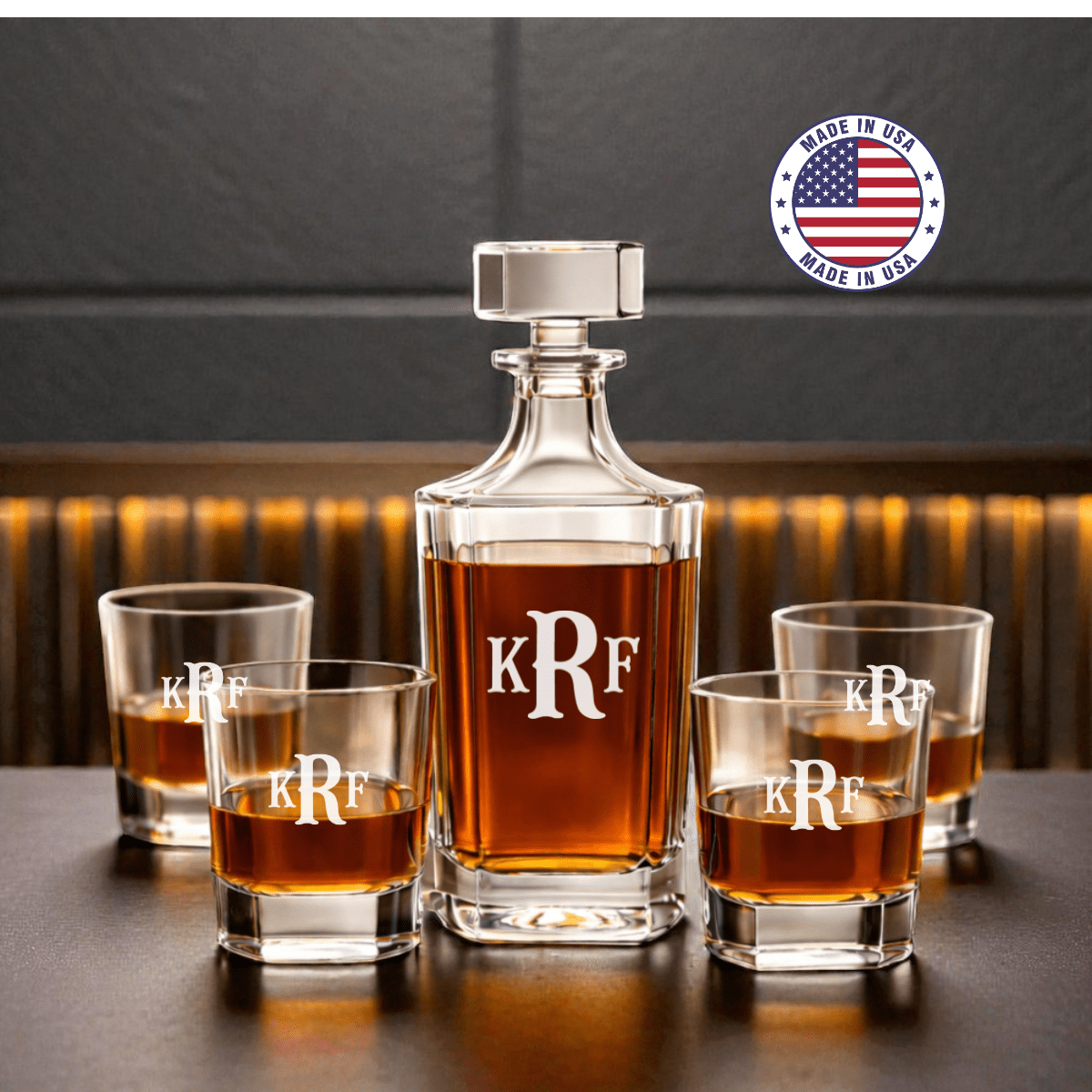 Personalized Engraved Monogram Whiskey Decanter Set with 4 Rocks Glasses - Hollow Point Society - Decanter Set