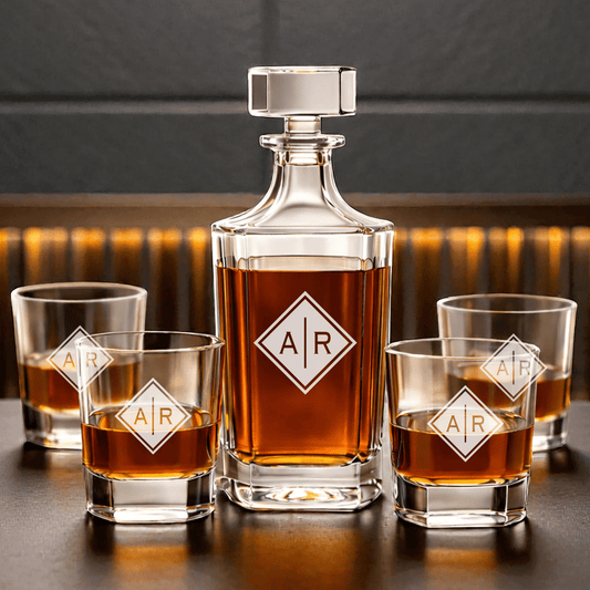 Personalized Engraved Monogram Whiskey Decanter Set with 4 Rocks Glasses - Hollow Point Society - Decanter Set