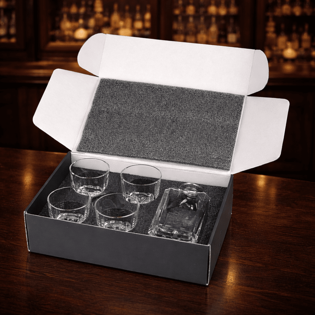 Personalized Engraved Whiskey Decanter Set – Square Decanter & 4 Rocks Glasses - Made in the USA - Hollow Point Society - Decanter Set