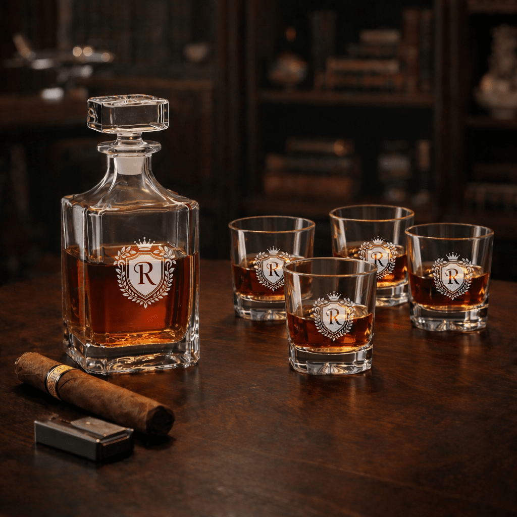Personalized Engraved Whiskey Decanter Set – Square Decanter & 4 Rocks Glasses - Made in the USA - Hollow Point Society - Decanter Set