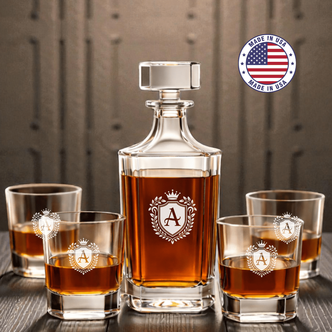 Personalized Engraved Whiskey Decanter Set – Square Decanter & 4 Rocks Glasses - Made in the USA - Hollow Point Society - Decanter Set