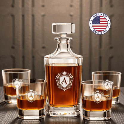 Personalized Engraved Whiskey Decanter Set – Square Decanter & 4 Rocks Glasses - Made in the USA - Hollow Point Society - Decanter Set