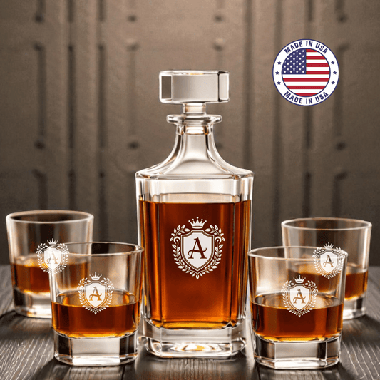 Personalized Engraved Whiskey Decanter Set – Square Decanter & 4 Rocks Glasses - Made in the USA - Hollow Point Society - Decanter Set