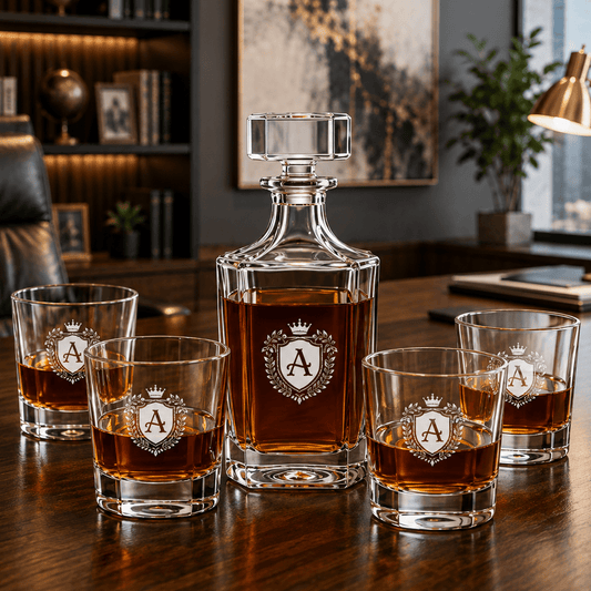 Personalized Engraved Whiskey Decanter Set – Square Decanter & 4 Rocks Glasses - Made in the USA - Hollow Point Society - Decanter Set