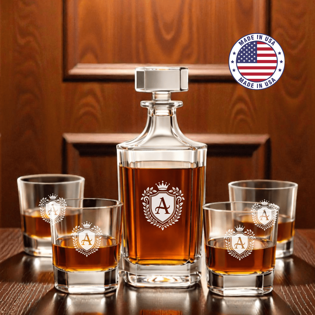 Personalized Engraved Whiskey Decanter Set – Square Decanter & 4 Rocks Glasses - Made in the USA - Hollow Point Society - Decanter Set