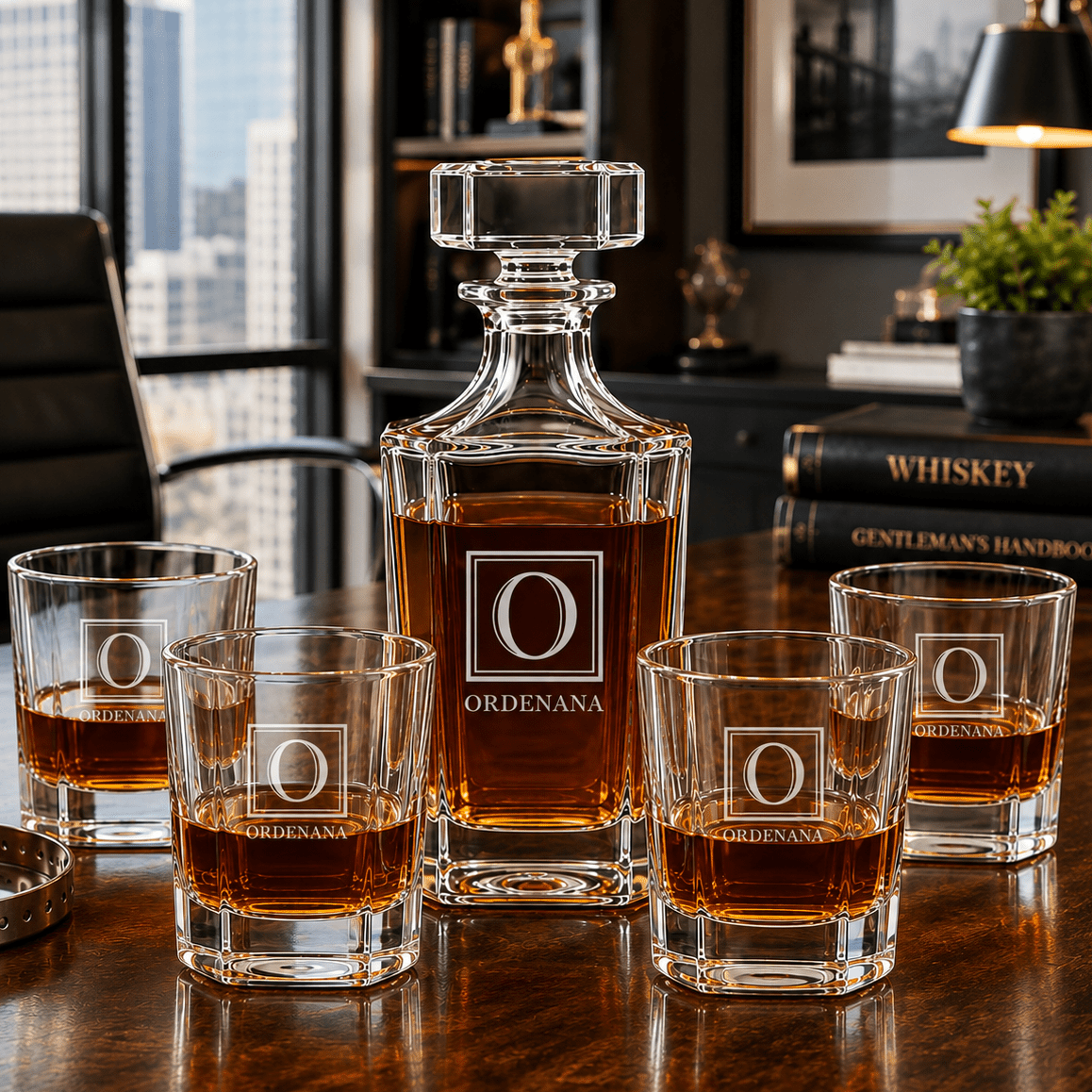 Personalized Etched Wedding Monogram Whiskey Decanter Set with 4 Rocks Glasses - Hollow Point Society - Decanter Set