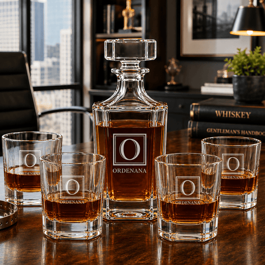 Personalized Etched Wedding Monogram Whiskey Decanter Set with 4 Rocks Glasses - Hollow Point Society - Decanter Set