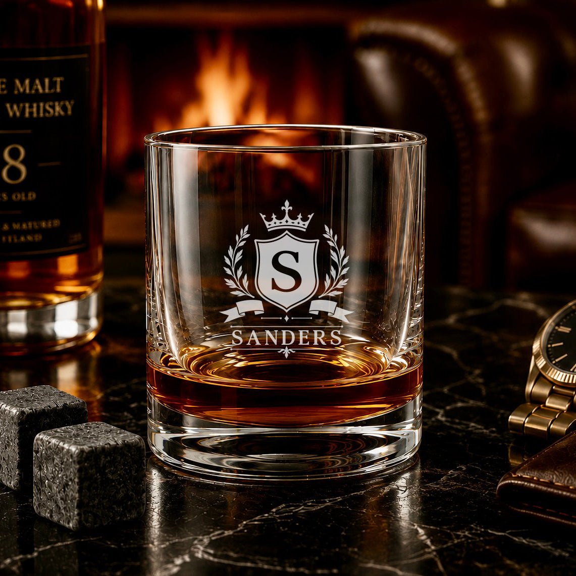 Personalized Family Name Whiskey Glass with Monogram Crest - Hollow Point Society - Whiskey Glass