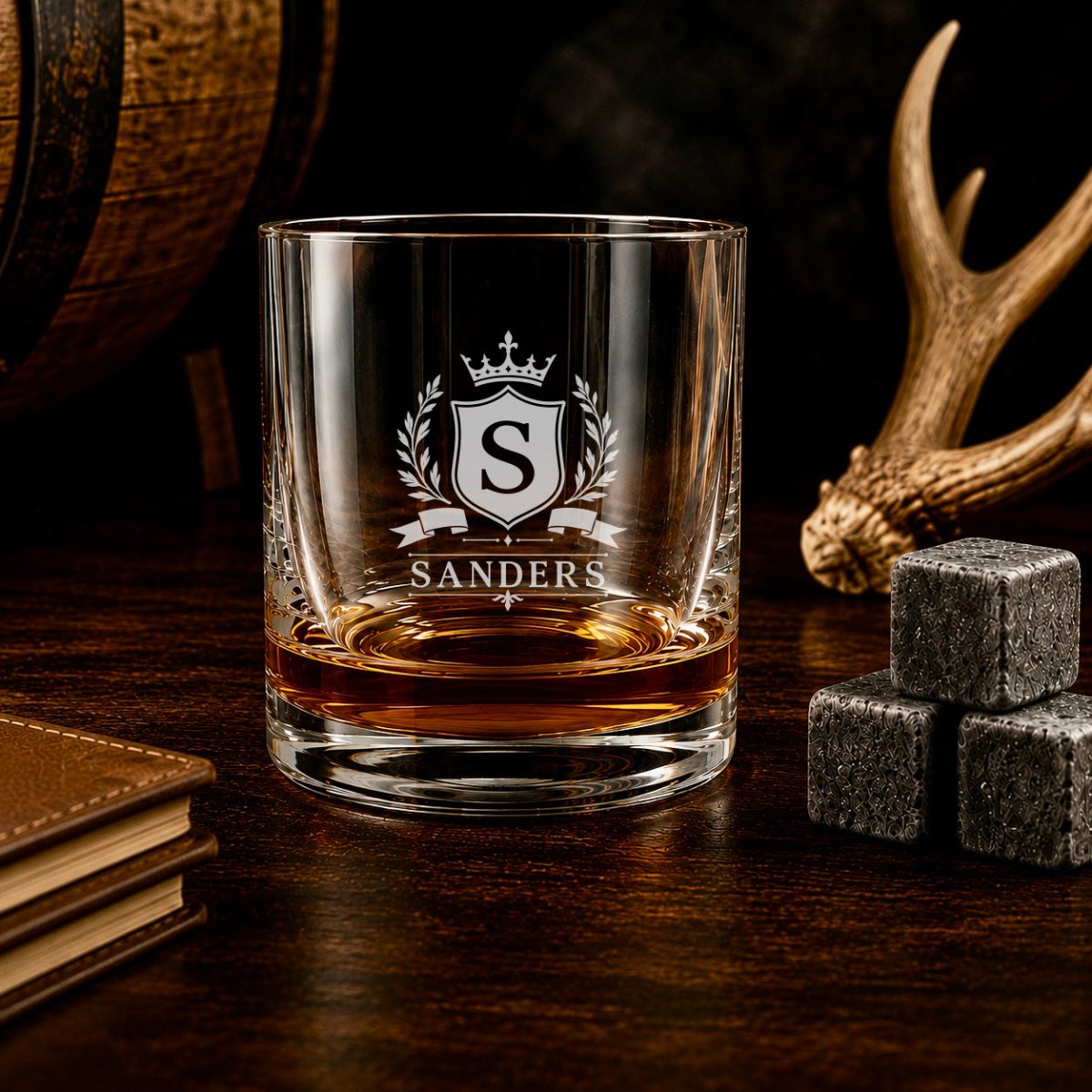 Personalized Family Name Whiskey Glass with Monogram Crest - Hollow Point Society - Whiskey Glass